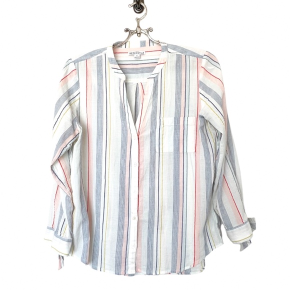 J.Crew Mercantile Women's Tie-Sleeve Striped Collarless Button Down Shirt Size S - Picture 2 of 11